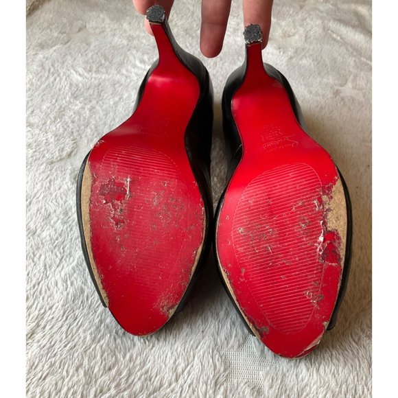 Christian Louboutin Sz.7.5/38 Black Leather Very Prive Peep Toe Platform Pumps - Picture 9 of 15